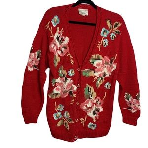 VTG 90s hand knit granny sweater floral button down cozy oversized art to wear